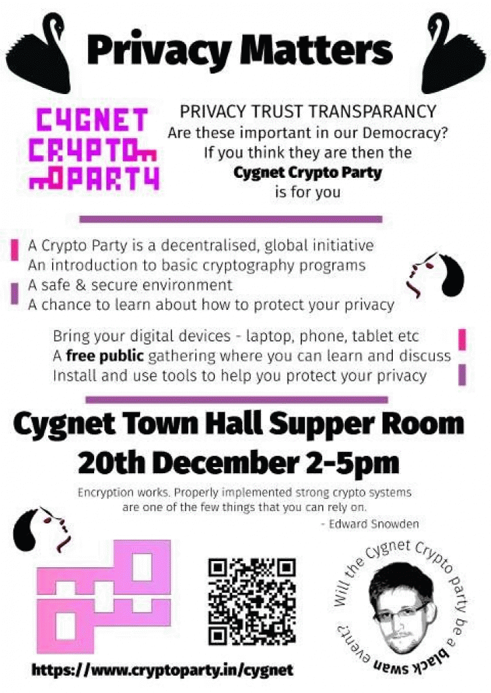 Crypto Party: Cygnet Town Hall Supper Room, 20th December 2-5pm (after the market) 4 Crypto Party: Cygnet Town Hall Supper Room, 20th December 2-5pm (after the market) 4