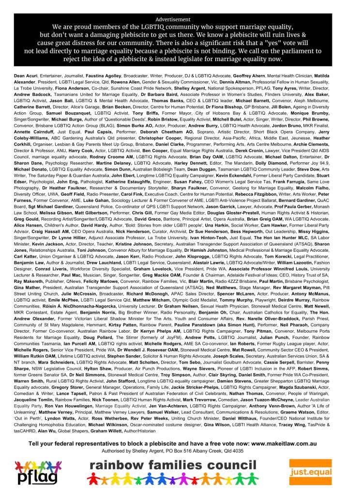 Almost 200 LGBTI community leaders unite in call on Parliament to block Plebiscite 4 image