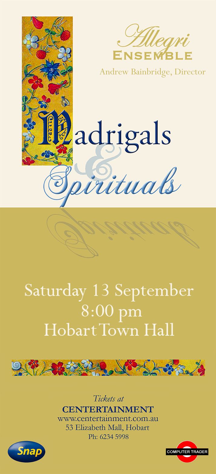 Allegri Ensemble is proud to present Madrigals & Spirituals in the beautiful Hobart Town Hall. 4 image