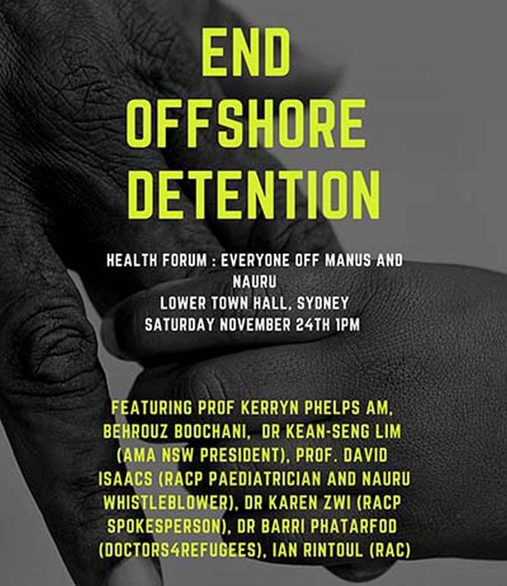 Health forum: End offshore detention 1pm this Saturday 24 November, Sydney Town Hall 1