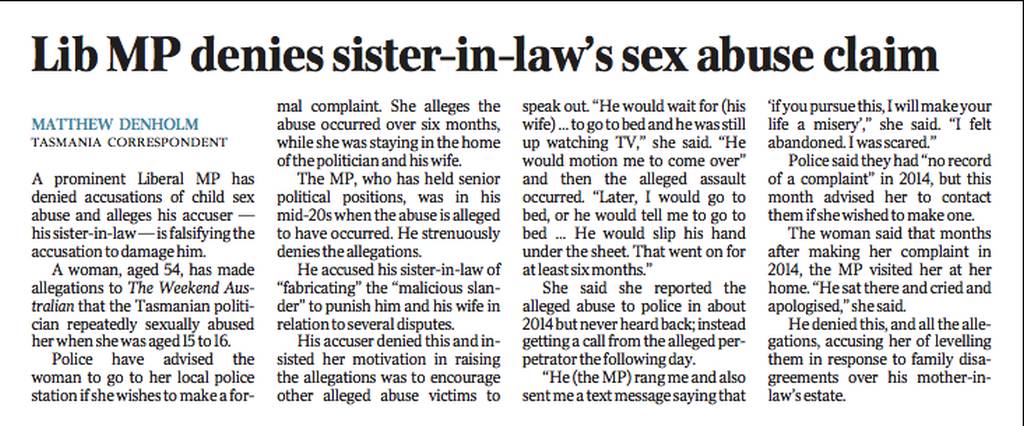 Lib MP denies sister-in-law's sex abuse claim 1