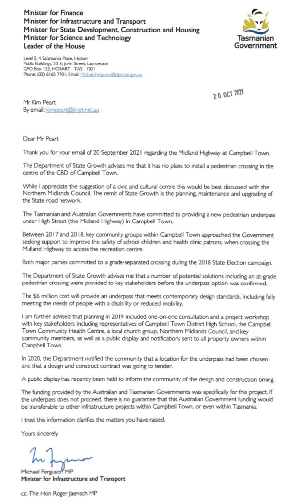 Letter to Michael Ferguson Re Campbell Town Underpass 12
