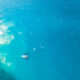 a blue sea and rocky shoreline
