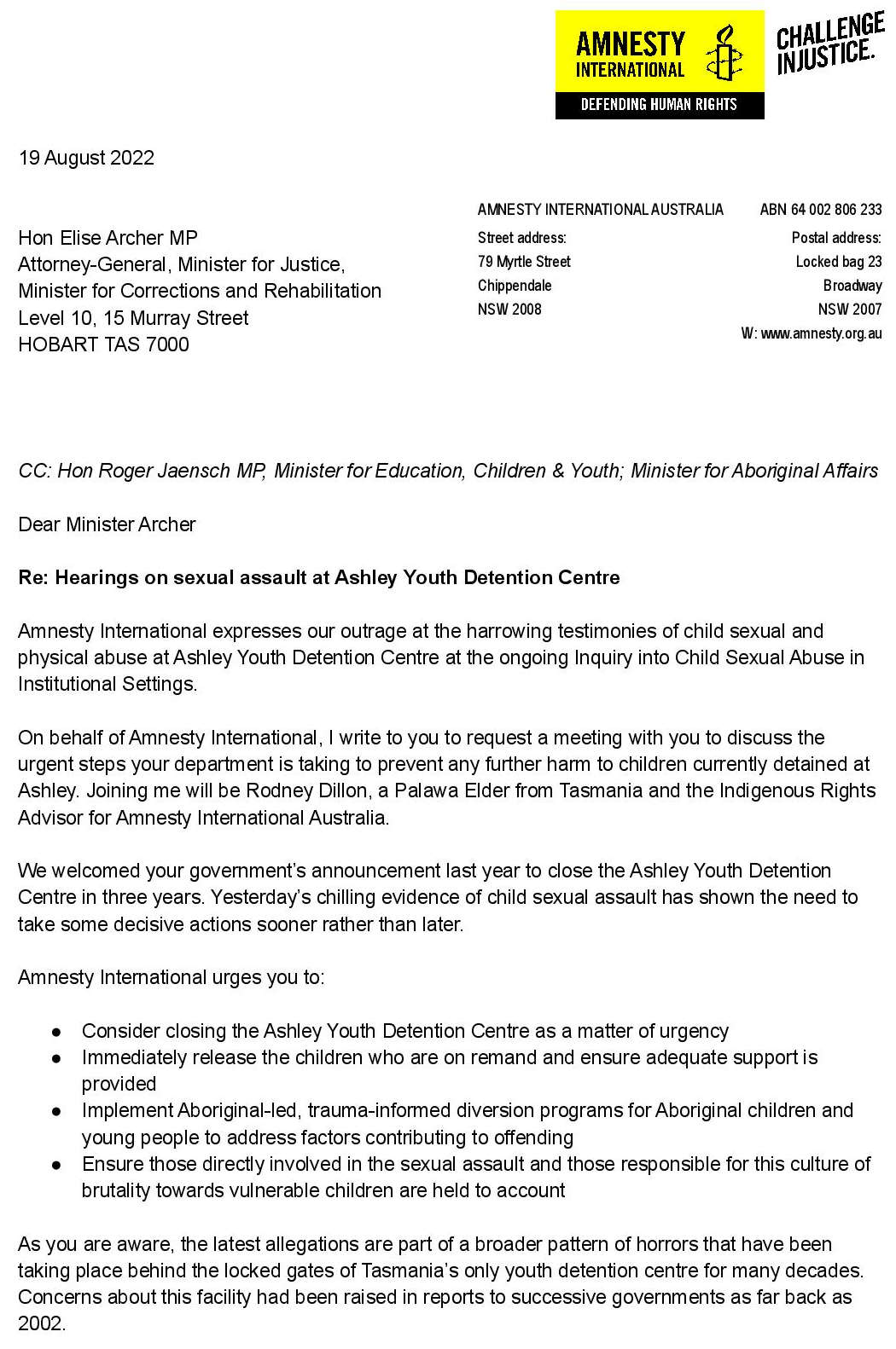 Amnesty International Calls for Ashley Closure 6