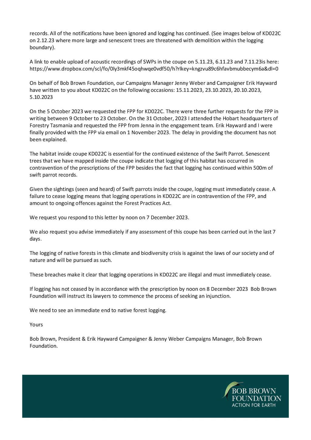 BBF Threatens Logging Injunction in Swift Parrot Habitat 41 BBF Threatens Logging Injunction in Swift Parrot Habitat 41