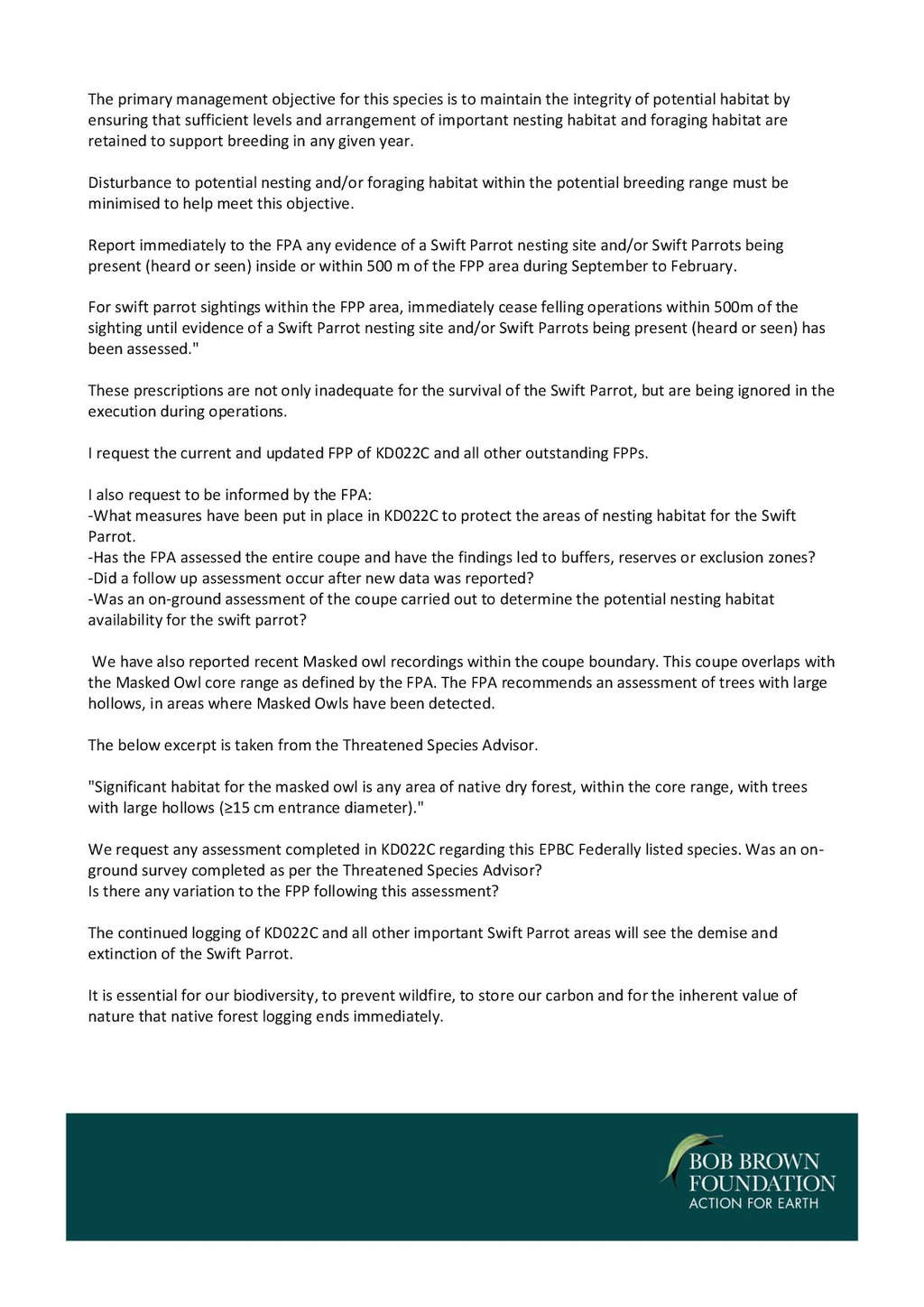 BBF Threatens Logging Injunction in Swift Parrot Habitat 55 BBF Threatens Logging Injunction in Swift Parrot Habitat 55