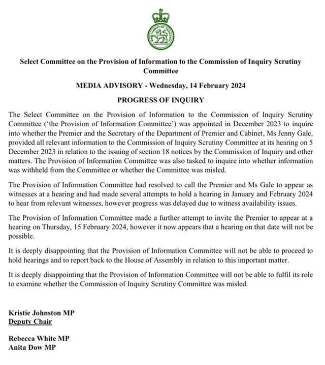 Select Committee Unable to Scrutinise Premier Rockliff, Jenny Gale 3 Select Committee Unable to Scrutinise Premier Rockliff, Jenny Gale 3