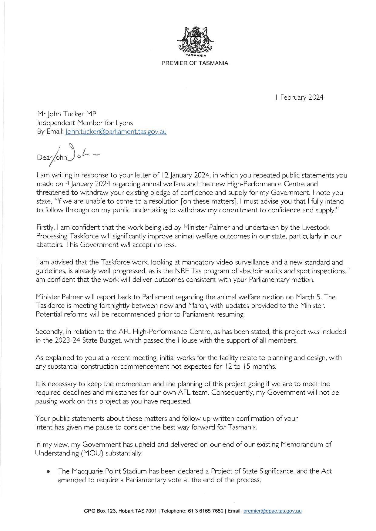 Shots Fired! Correspondence Between Independent MHA John Tucker and Premier Rockliff 23