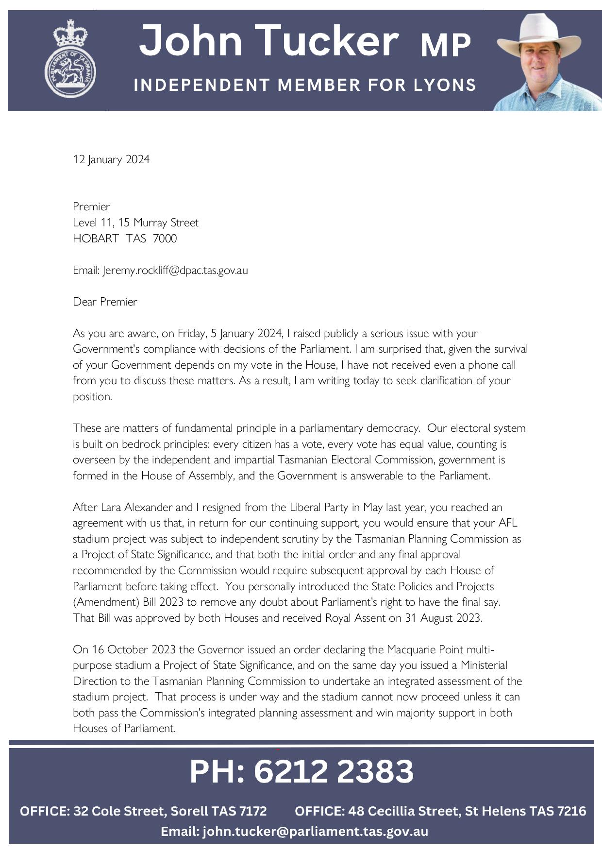 Shots Fired! Correspondence Between Independent MHA John Tucker and Premier Rockliff 19