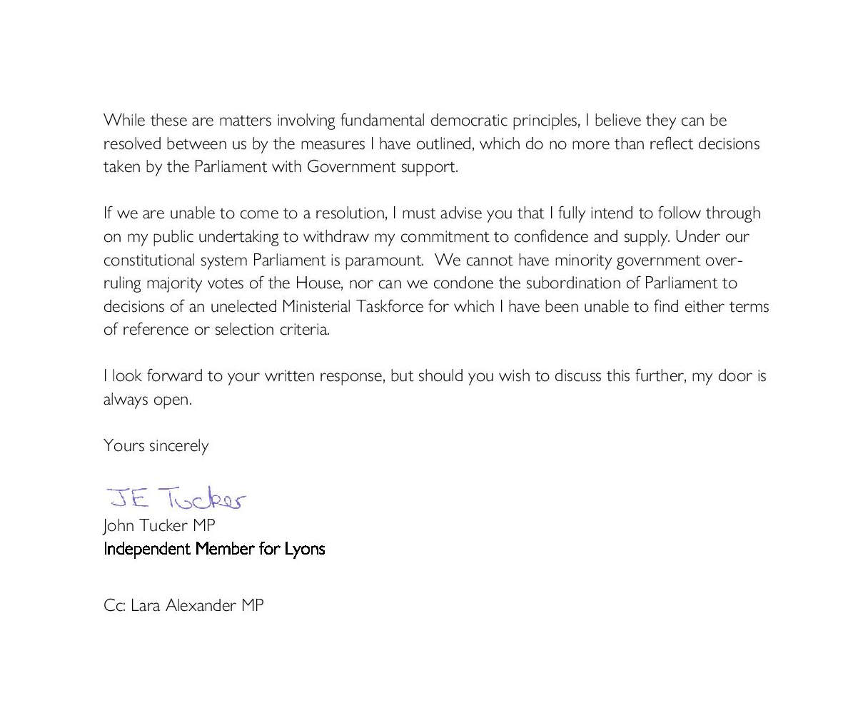 Shots Fired! Correspondence Between Independent MHA John Tucker and Premier Rockliff 22