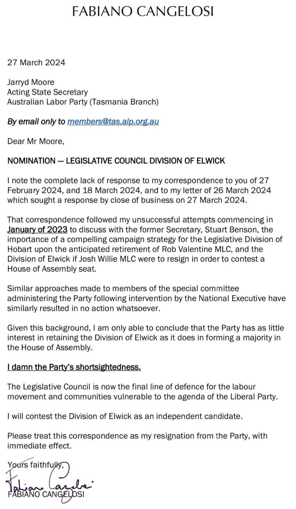 Cangelosi Abandons Labor to Run for Elwick as Independent 5