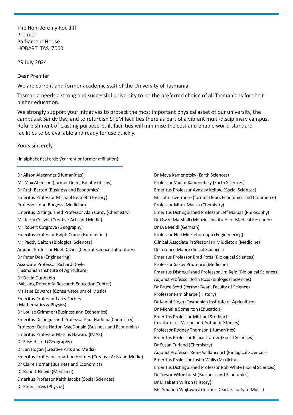Academics' Letter to Premier re Sandy Bay Campus 5