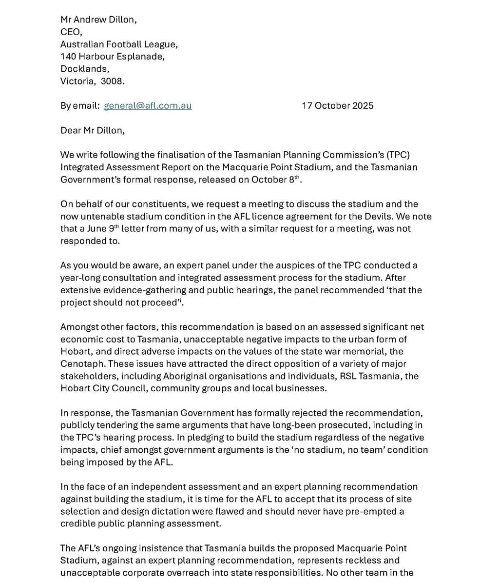 United Front Calls on AFL to Meet Over Stadium's Future 17 United Front Calls on AFL to Meet Over Stadium's Future 17
