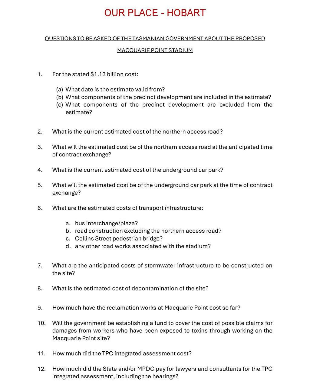 Our Place Demands Cost Transparency for Stadium 8
