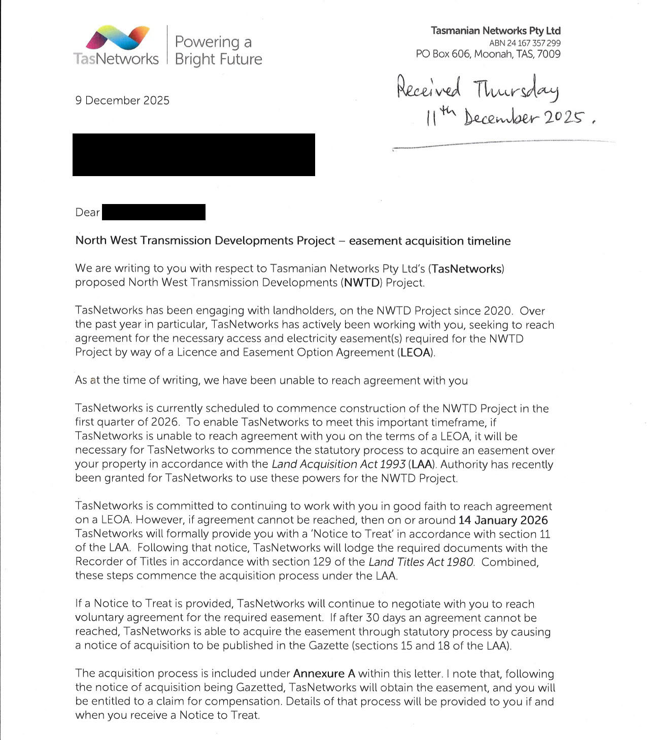 TasNetworks to Forcibly Acquire Land for NWTD Project 16 TasNetworks to Forcibly Acquire Land for NWTD Project 16